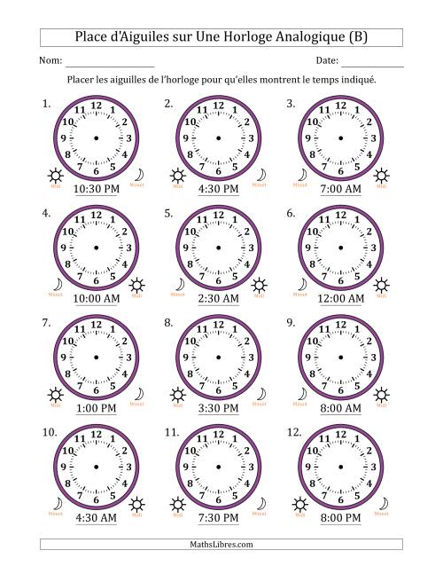 Place d'Aiguiles sur Une Horloge Analogique utilisant le système horaire sur 12 heures avec 30 Minutes d'Intervalle (12 Horloges) (B)