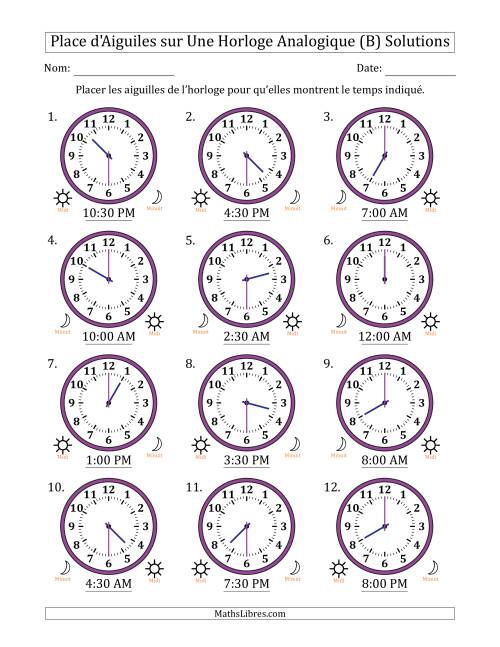 Place d'Aiguiles sur Une Horloge Analogique utilisant le système horaire sur 12 heures avec 30 Minutes d'Intervalle (12 Horloges) (B) page 2