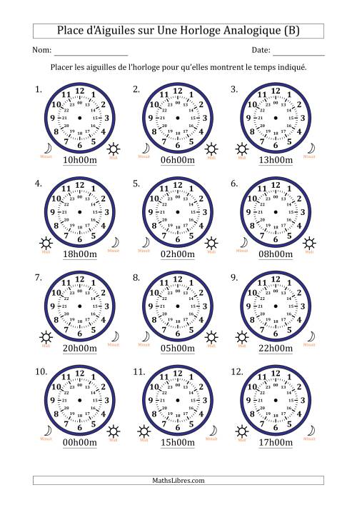 Place d'Aiguiles sur Une Horloge Analogique utilisant le système horaire sur 24 heures avec 1 Heures d'Intervalle (12 Horloges) (B)