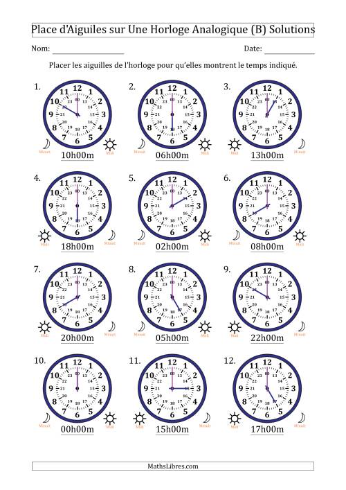 Place d'Aiguiles sur Une Horloge Analogique utilisant le système horaire sur 24 heures avec 1 Heures d'Intervalle (12 Horloges) (B) page 2