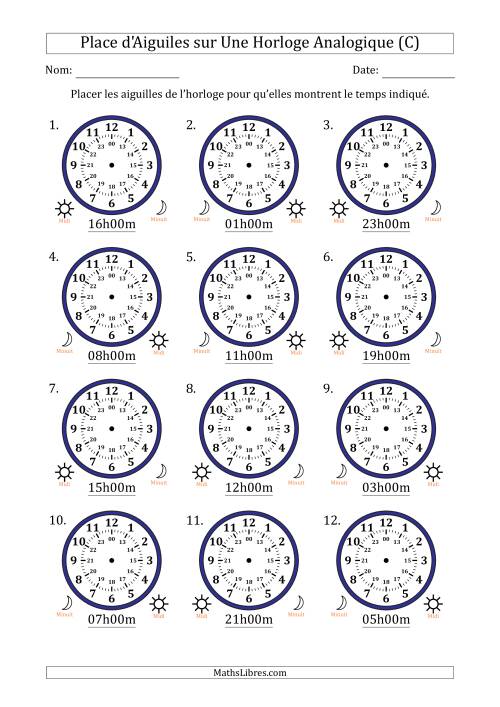 Place d'Aiguiles sur Une Horloge Analogique utilisant le système horaire sur 24 heures avec 1 Heures d'Intervalle (12 Horloges) (C)