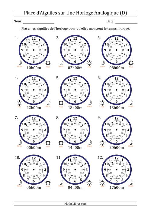 Place d'Aiguiles sur Une Horloge Analogique utilisant le système horaire sur 24 heures avec 1 Heures d'Intervalle (12 Horloges) (D)