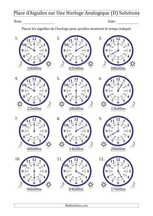 Place d'Aiguiles sur Une Horloge Analogique utilisant le système horaire sur 24 heures avec 1 Heures d'Intervalle (12 Horloges) (D) page 2