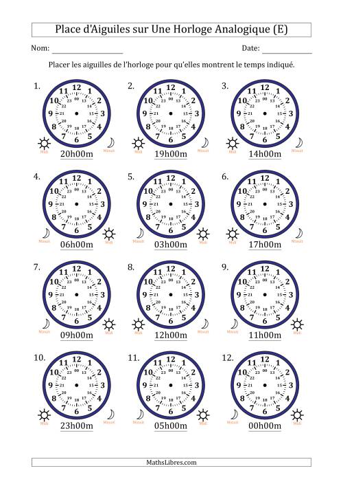 Place d'Aiguiles sur Une Horloge Analogique utilisant le système horaire sur 24 heures avec 1 Heures d'Intervalle (12 Horloges) (E)