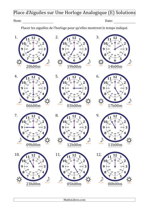 Place d'Aiguiles sur Une Horloge Analogique utilisant le système horaire sur 24 heures avec 1 Heures d'Intervalle (12 Horloges) (E) page 2