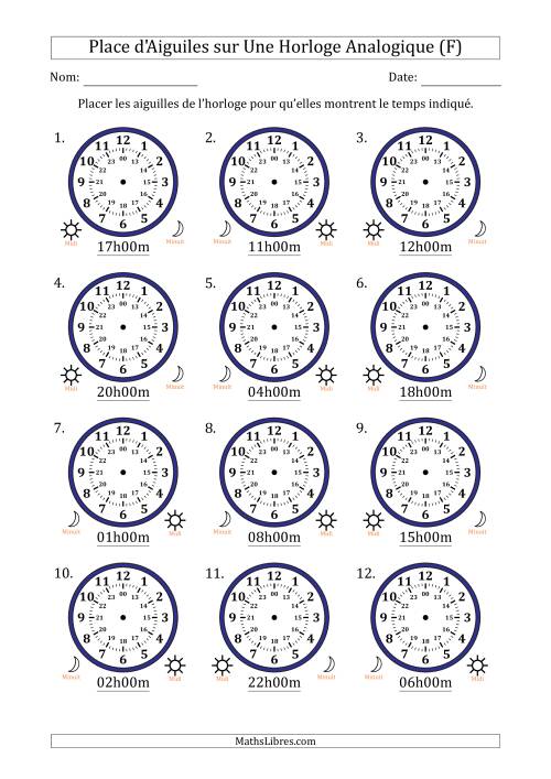 Place d'Aiguiles sur Une Horloge Analogique utilisant le système horaire sur 24 heures avec 1 Heures d'Intervalle (12 Horloges) (F)