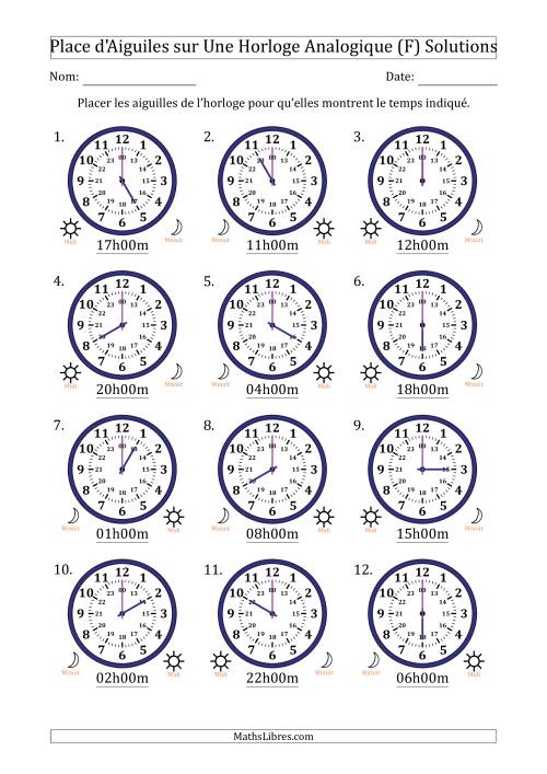 Place d'Aiguiles sur Une Horloge Analogique utilisant le système horaire sur 24 heures avec 1 Heures d'Intervalle (12 Horloges) (F) page 2