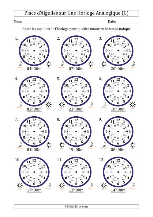 Place d'Aiguiles sur Une Horloge Analogique utilisant le système horaire sur 24 heures avec 1 Heures d'Intervalle (12 Horloges) (G)