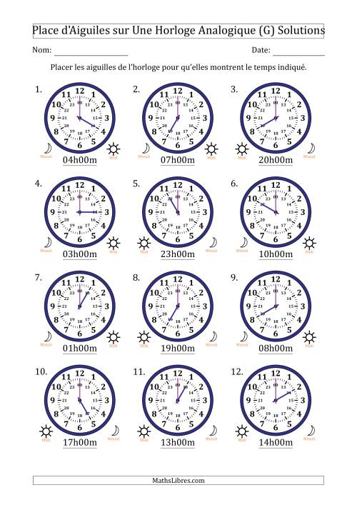 Place d'Aiguiles sur Une Horloge Analogique utilisant le système horaire sur 24 heures avec 1 Heures d'Intervalle (12 Horloges) (G) page 2