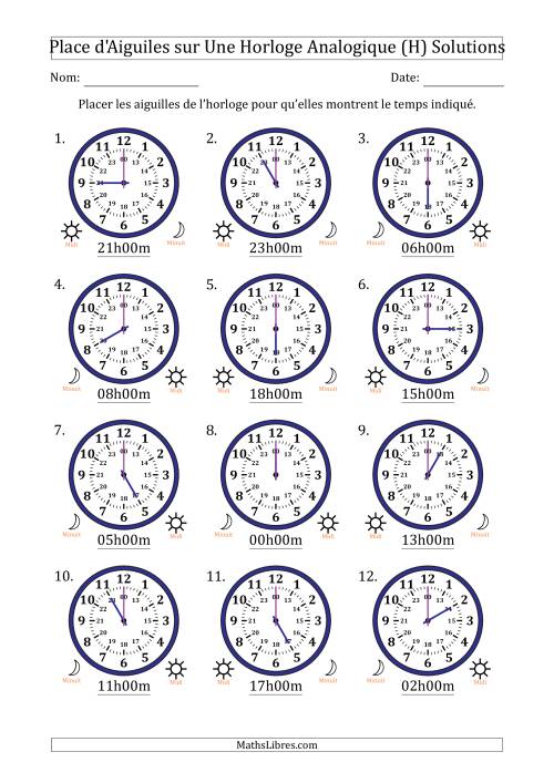 Place d'Aiguiles sur Une Horloge Analogique utilisant le système horaire sur 24 heures avec 1 Heures d'Intervalle (12 Horloges) (H) page 2