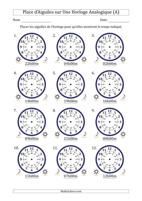 Place d'Aiguiles sur Une Horloge Analogique utilisant le système horaire sur 24 heures avec 1 Heures d'Intervalle (12 Horloges) (Tout)