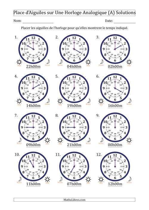 Place d'Aiguiles sur Une Horloge Analogique utilisant le système horaire sur 24 heures avec 1 Heures d'Intervalle (12 Horloges) (Tout) page 2