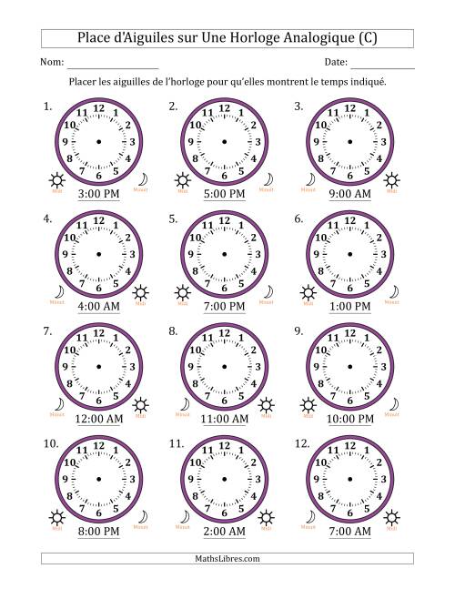 Place d'Aiguiles sur Une Horloge Analogique utilisant le système horaire sur 12 heures avec 1 Heures d'Intervalle (12 Horloges) (C)