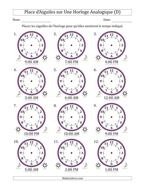 Place d'Aiguiles sur Une Horloge Analogique utilisant le système horaire sur 12 heures avec 1 Heures d'Intervalle (12 Horloges) (D)