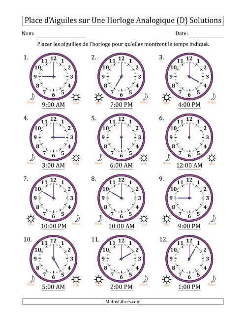 Place d'Aiguiles sur Une Horloge Analogique utilisant le système horaire sur 12 heures avec 1 Heures d'Intervalle (12 Horloges) (D) page 2