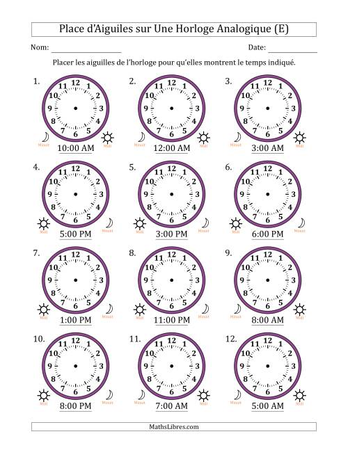 Place d'Aiguiles sur Une Horloge Analogique utilisant le système horaire sur 12 heures avec 1 Heures d'Intervalle (12 Horloges) (E)