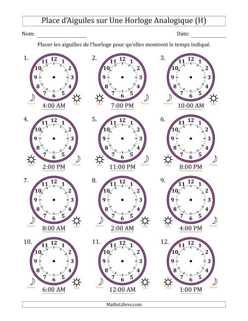 Place d'Aiguiles sur Une Horloge Analogique utilisant le système horaire sur 12 heures avec 1 Heures d'Intervalle (12 Horloges) (H)