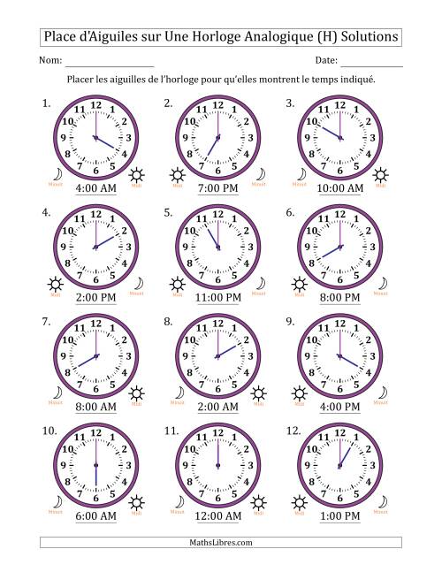 Place d'Aiguiles sur Une Horloge Analogique utilisant le système horaire sur 12 heures avec 1 Heures d'Intervalle (12 Horloges) (H) page 2