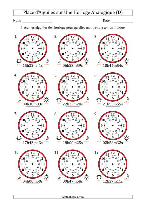 Place d'Aiguiles sur Une Horloge Analogique utilisant le système horaire sur 24 heures avec 1 Secondes d'Intervalle (12 Horloges) (D)