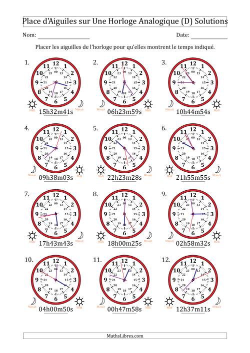 Place d'Aiguiles sur Une Horloge Analogique utilisant le système horaire sur 24 heures avec 1 Secondes d'Intervalle (12 Horloges) (D) page 2