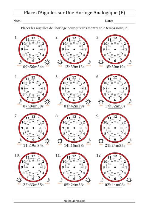 Place d'Aiguiles sur Une Horloge Analogique utilisant le système horaire sur 24 heures avec 1 Secondes d'Intervalle (12 Horloges) (F)