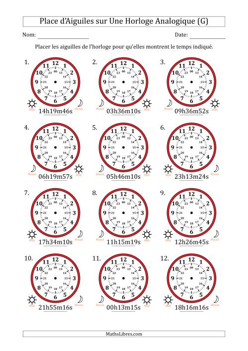 Place d'Aiguiles sur Une Horloge Analogique utilisant le système horaire sur 24 heures avec 1 Secondes d'Intervalle (12 Horloges) (G)