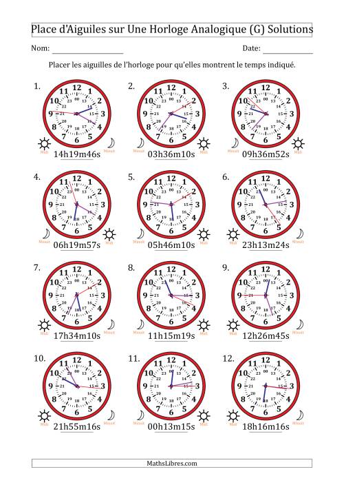 Place d'Aiguiles sur Une Horloge Analogique utilisant le système horaire sur 24 heures avec 1 Secondes d'Intervalle (12 Horloges) (G) page 2