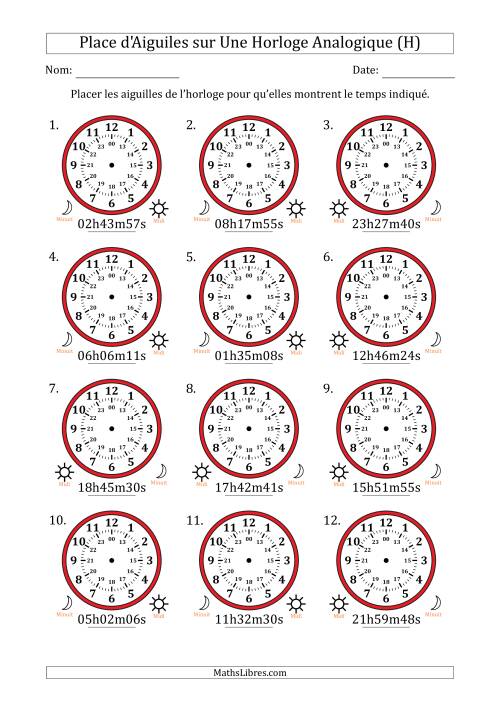 Place d'Aiguiles sur Une Horloge Analogique utilisant le système horaire sur 24 heures avec 1 Secondes d'Intervalle (12 Horloges) (H)