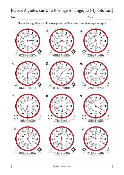 Place d'Aiguiles sur Une Horloge Analogique utilisant le système horaire sur 24 heures avec 1 Secondes d'Intervalle (12 Horloges) (H) page 2