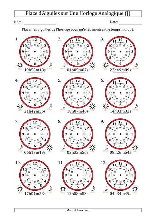 Place d'Aiguiles sur Une Horloge Analogique utilisant le système horaire sur 24 heures avec 1 Secondes d'Intervalle (12 Horloges) (J)