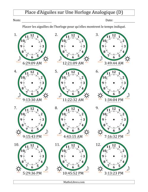 Place d'Aiguiles sur Une Horloge Analogique utilisant le système horaire sur 12 heures avec 1 Secondes d'Intervalle (12 Horloges) (D)