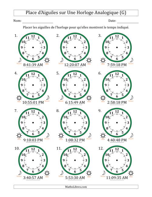 Place d'Aiguiles sur Une Horloge Analogique utilisant le système horaire sur 12 heures avec 1 Secondes d'Intervalle (12 Horloges) (G)