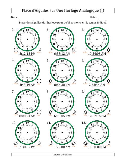 Place d'Aiguiles sur Une Horloge Analogique utilisant le système horaire sur 12 heures avec 1 Secondes d'Intervalle (12 Horloges) (J)