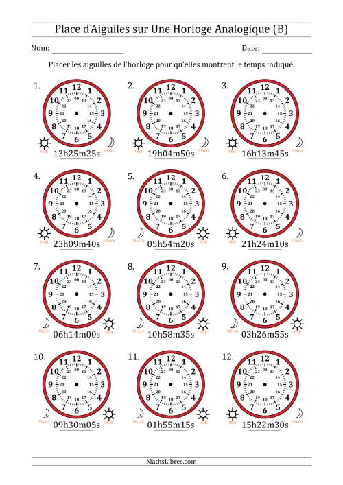 Place d'Aiguiles sur Une Horloge Analogique utilisant le système horaire sur 24 heures avec 5 Secondes d'Intervalle (12 Horloges) (B)