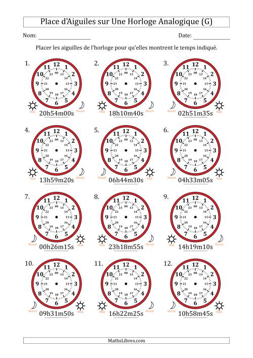 Place d'Aiguiles sur Une Horloge Analogique utilisant le système horaire sur 24 heures avec 5 Secondes d'Intervalle (12 Horloges) (G)