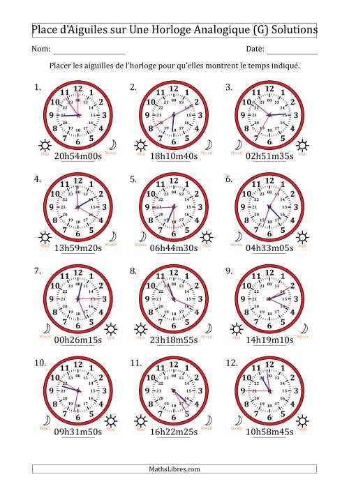Place d'Aiguiles sur Une Horloge Analogique utilisant le système horaire sur 24 heures avec 5 Secondes d'Intervalle (12 Horloges) (G) page 2