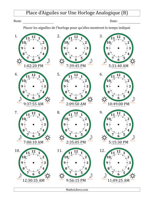 Place d'Aiguiles sur Une Horloge Analogique utilisant le système horaire sur 12 heures avec 5 Secondes d'Intervalle (12 Horloges) (B)