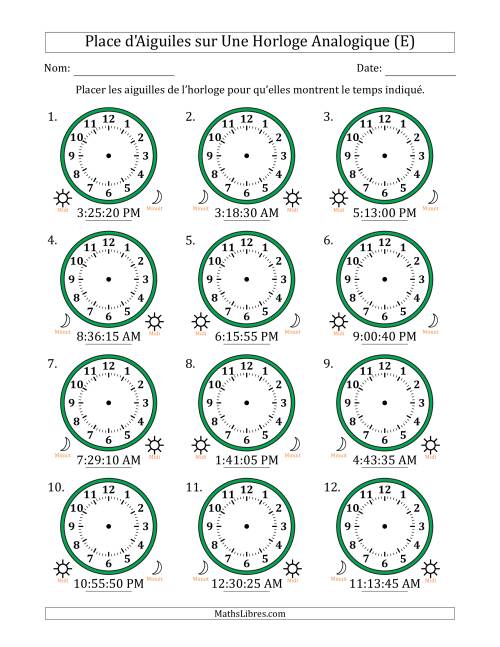 Place d'Aiguiles sur Une Horloge Analogique utilisant le système horaire sur 12 heures avec 5 Secondes d'Intervalle (12 Horloges) (E)