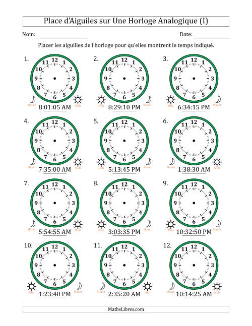Place d'Aiguiles sur Une Horloge Analogique utilisant le système horaire sur 12 heures avec 5 Secondes d'Intervalle (12 Horloges) (I)