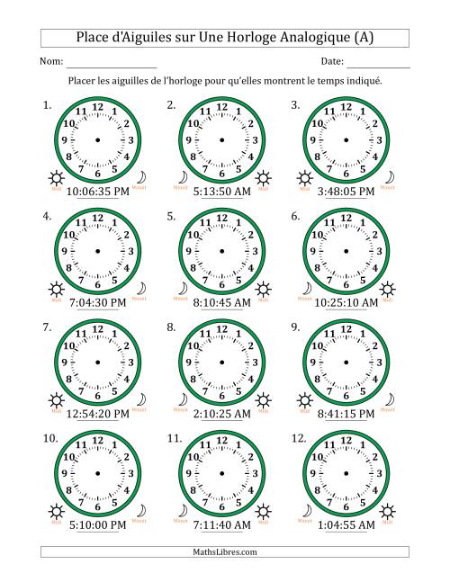 Place d'Aiguiles sur Une Horloge Analogique utilisant le système horaire sur 12 heures avec 5 Secondes d'Intervalle (12 Horloges) (Tout)