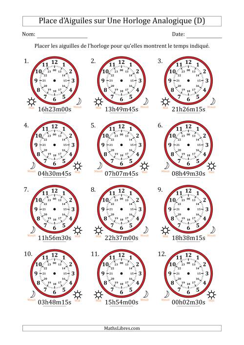 Place d'Aiguiles sur Une Horloge Analogique utilisant le système horaire sur 24 heures avec 15 Secondes d'Intervalle (12 Horloges) (D)