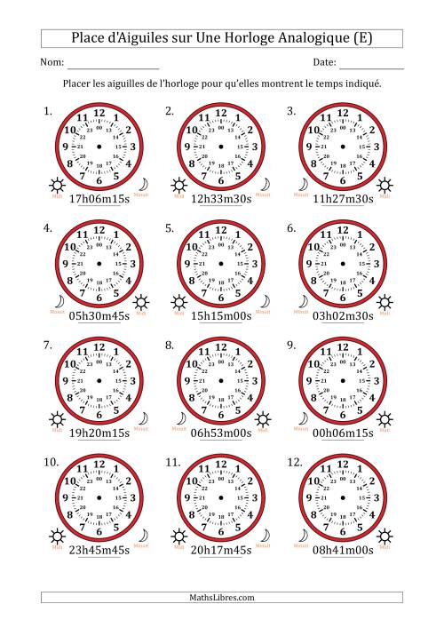 Place d'Aiguiles sur Une Horloge Analogique utilisant le système horaire sur 24 heures avec 15 Secondes d'Intervalle (12 Horloges) (E)