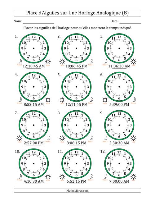 Place d'Aiguiles sur Une Horloge Analogique utilisant le système horaire sur 12 heures avec 15 Secondes d'Intervalle (12 Horloges) (B)