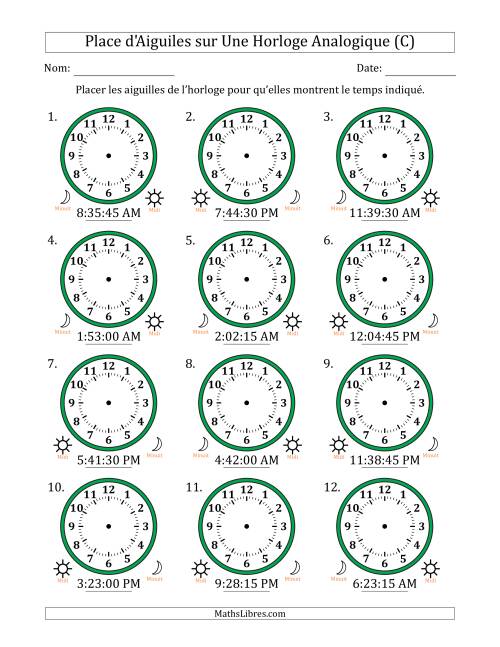 Place d'Aiguiles sur Une Horloge Analogique utilisant le système horaire sur 12 heures avec 15 Secondes d'Intervalle (12 Horloges) (C)