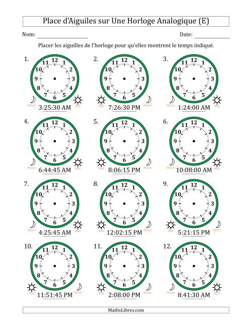 Place d'Aiguiles sur Une Horloge Analogique utilisant le système horaire sur 12 heures avec 15 Secondes d'Intervalle (12 Horloges) (E)