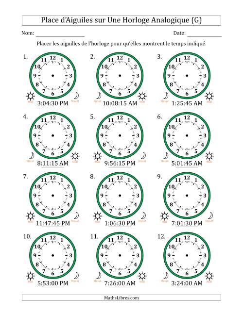 Place d'Aiguiles sur Une Horloge Analogique utilisant le système horaire sur 12 heures avec 15 Secondes d'Intervalle (12 Horloges) (G)