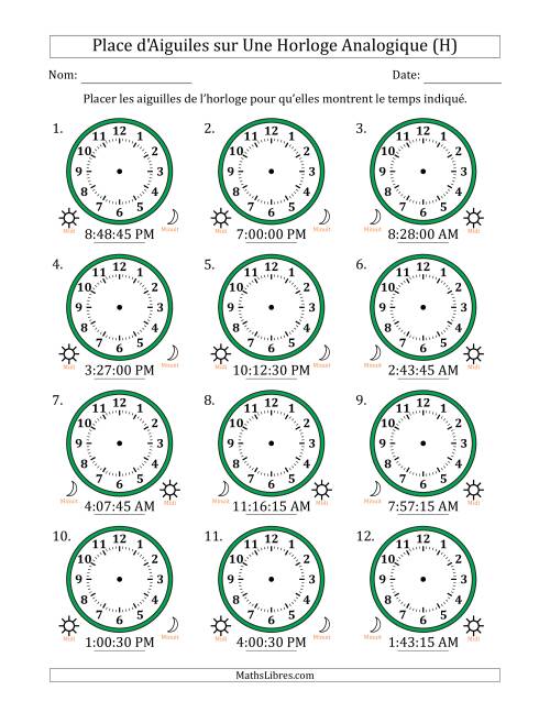 Place d'Aiguiles sur Une Horloge Analogique utilisant le système horaire sur 12 heures avec 15 Secondes d'Intervalle (12 Horloges) (H)