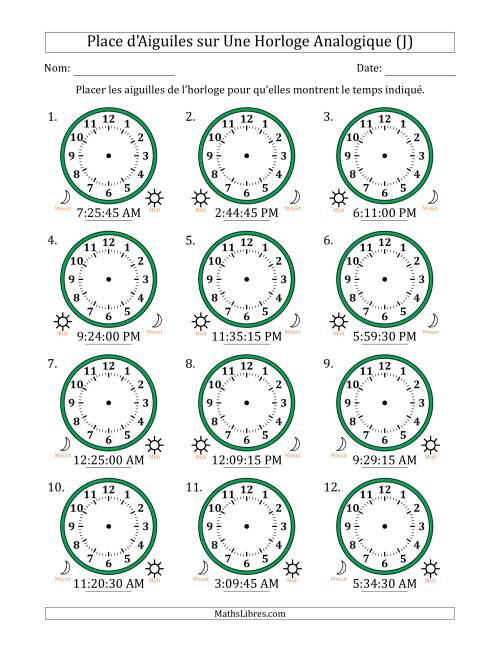 Place d'Aiguiles sur Une Horloge Analogique utilisant le système horaire sur 12 heures avec 15 Secondes d'Intervalle (12 Horloges) (J)