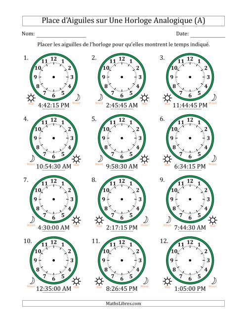 Place d'Aiguiles sur Une Horloge Analogique utilisant le système horaire sur 12 heures avec 15 Secondes d'Intervalle (12 Horloges) (Tout)