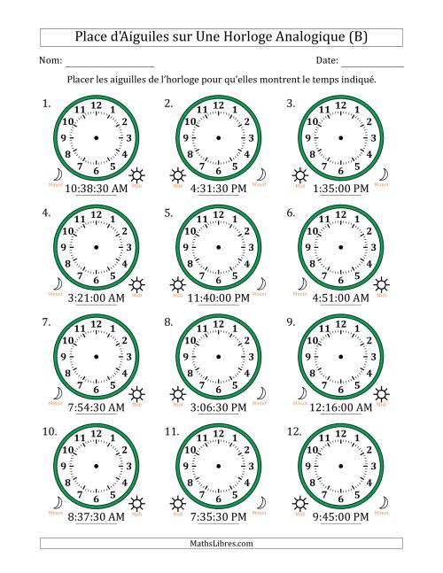 Place d'Aiguiles sur Une Horloge Analogique utilisant le système horaire sur 12 heures avec 30 Secondes d'Intervalle (12 Horloges) (B)